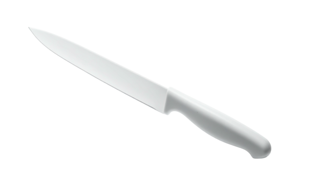 Sleek, silver chef's knife with a gently curved, ergonomic handle;  pointed tip and a long, straight blade