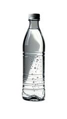 Clear plastic bottle filled with sparkling water, silver cap, slight curves, and subtle vertical lines