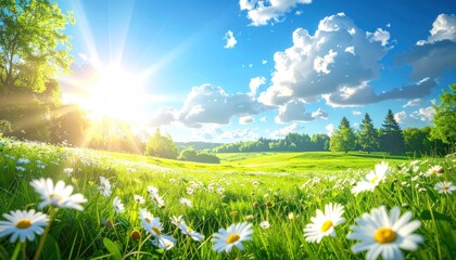 Sunny meadow with bright blue sky and puffy clouds, dotted with white daisies in green grass, evokes peace and tranquility