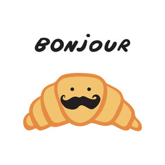 Funny Mustache Croissant Saying Bonjour. Cute French character, simple fun vector illustration for hello design, isolated on white background. © Igor