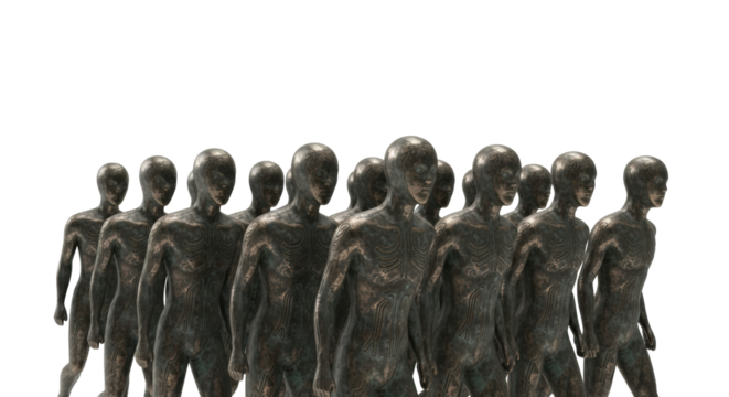Stylized, dark bronze human figures with intricate etched details and patina, moving forward on a transparent banner with ample copy space, soft studio light, concept of unified industrial progress
