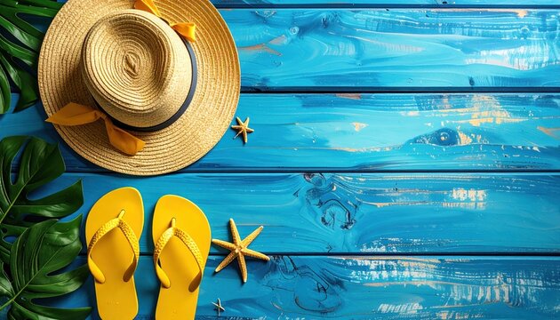 Summer arrangement on blue wooden planks with straw hat, yellow flip-flops, starfish, and monstera leaves, creating a sunny vacation vibe