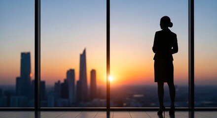 Silhouetted Businesswoman Contemplating Cityscape at Sunset Modern Office View