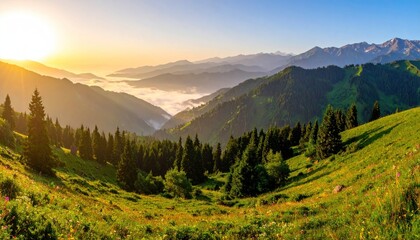 Serene panoramic view of lush green valleys and majestic mountains bathed in the golden light of a rising sun