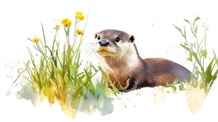 Watercolor portrait of otter surrounded by vibrant green grass and yellow flowers, capturing serene and playful expression