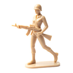 Beige plastic toy soldier figurine, female, in running stance, holding assault rifle, on small base