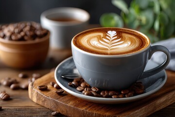 Obraz premium Gray Coffee Cup with Latte Art and Coffee Beans