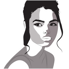 Minimalist vector illustration of a young woman with expressive eyes, defined eyebrows, and soft shading. Monochrome tones emphasize contours, shadows, and highlights, creating a striking modern portr