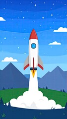 Rocket launch at night, over mountains