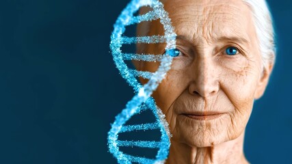 Elderly woman blue eyes wrinkles glowing blue DNA strand genetic aging skin health research close up face closed eyes aging genetic science influence - Powered by Adobe