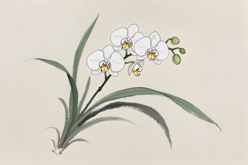 Orchid in traditional ink painting style, soft minimal