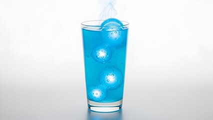 An otherworldly glowing blue elixir with luminous bubbling spheres inside a glass, releasing a mystical vapor against a clean white background