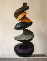 Abstract wooden sculpture, swirling forms in dark and light brown, orange, and purple