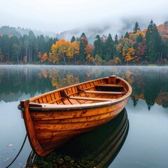 Wooden rowboat on calm autumn lake, misty mountains
