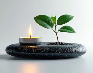 Calm scene  candle, plant, stone