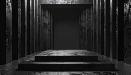 Dark, textured, architectural space with tiered platform