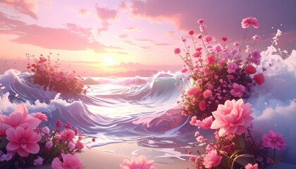 Pink floral sunset ocean scene