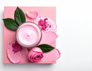 Pink cosmetic cream jar with rose petals, leaves, and paint strokes