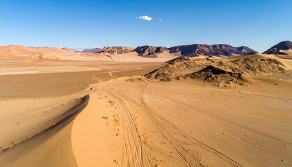 Desert landscape with sand dunes and vehicle tracks