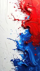 Abstract paint splatter art, red and blue on white