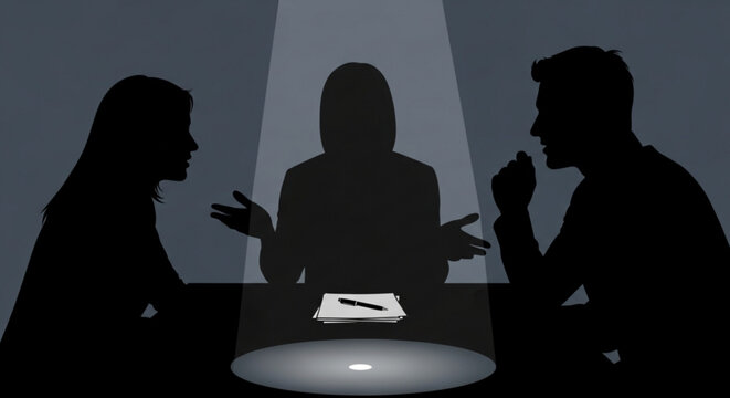 Silhouette of a couple in conflict with a mediator at a table with documents and a pen under a spotlight
