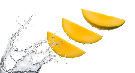 Sliced mango pieces with water splash against a black background fruit food