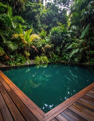 Tropical pool surrounded by lush jungle foliage