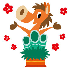 手描きのゆるい午年キャラクター(干支、門松、正月飾り)