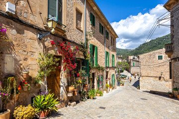 Valldemossa village on Mallorca island buildings with flowers in Spain