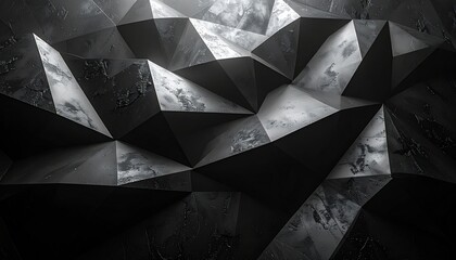 Abstract low-poly geometric surface with marble-like textures in shades of gray, creating a faceted, crystalline structure under dramatic lighting