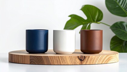 Three simple cups, navy, cream, brown, on wooden platter, plant background