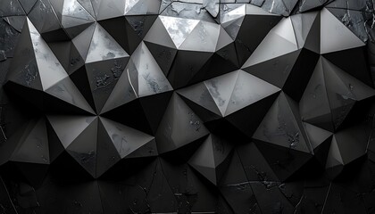 Abstract polygonal texture in dark gray with light reflections creating a geometric landscape of sharp triangles on a cracked background