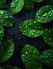 Fresh green leaves, wet with dew drops, on dark surface
