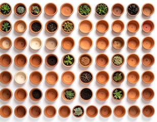 Small terracotta pots, various succulents, white background