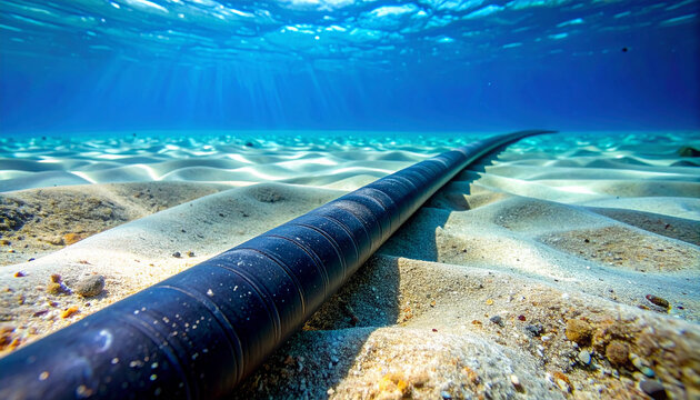 Submarine fiber optic cable on sandy seabed, ocean floor, underwater, global communication