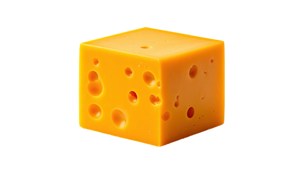 Perfectly cubic block of yellow cheese with numerous evenly distributed holes, isolated on a black background