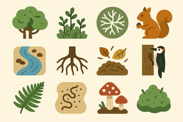 Naklejka premium Nature icons: plants, animals, and natural elements in flat design
