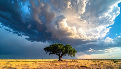 Dramatic sky with storm clouds and lone tree