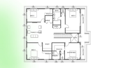 Modern Home House Architectural Plan Black and White With Furniture