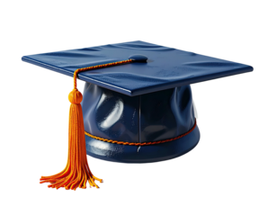 A dark-blue graduation cap with a vibrant orange tassel, slightly crumpled, sits at a three-quarter angle against a black background