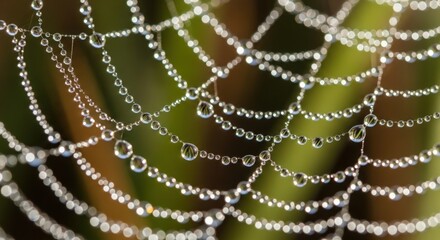 Sparkling dew drops adorn delicate spiderweb, creating a magical morning scene