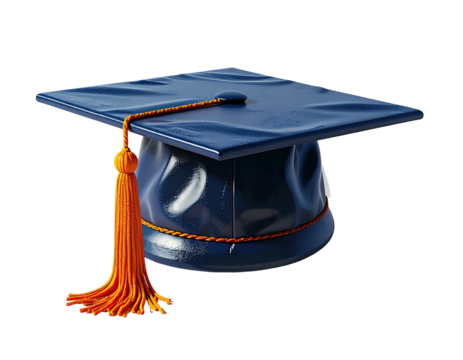 A dark-blue graduation cap with a vibrant orange tassel, slightly crumpled, sits at a three-quarter angle against a black background
