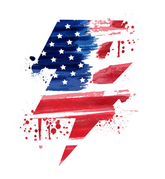 Abstract brushed flag of United States of America in form of grunge lighting bolt with paint splatters and splashes.