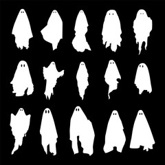Vector halloween ghost set, isolated on black background, vector illustration