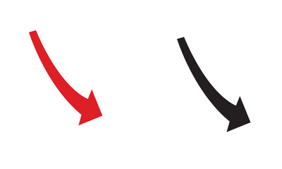 Red and black stock market investment Downward arrow.  Two zigzag downward arrows in red and black, symbolizing decline, decrease, business loss, or negative economic and financial trends.
