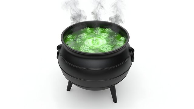 A bubbling cauldron filled with luminous green potion emitting wisps of steam, perfect for magical themes