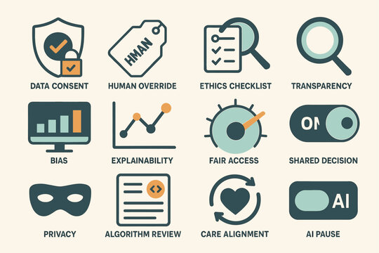 Icons depicting ai ethics concepts including consent, transparency, bias, and privacy