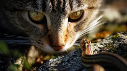 Tabby cat portrait focused on lizard