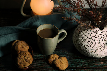 coffee mug and homemade cookies, heart shaped bakery, cozy autumn evening vibes