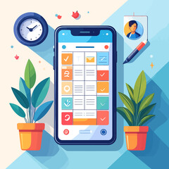Modern Mobile Productivity App Interface on Smartphone with Digital Calendar and Task Management Tools, Surrounded by Office Workspace Elements for Efficient Time Organization